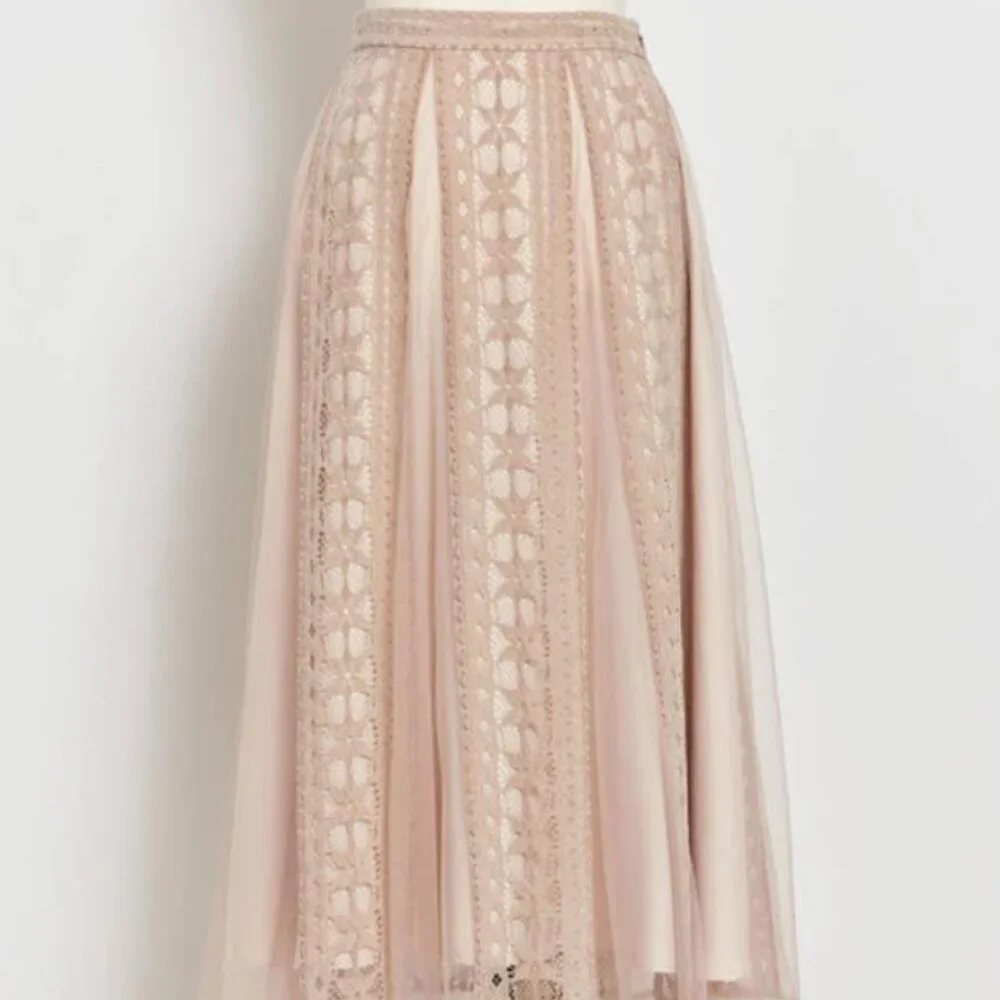 Noela Japan Pink High-Waisted Sheer Lace Patchwork Versatile Midi Skirt Size S